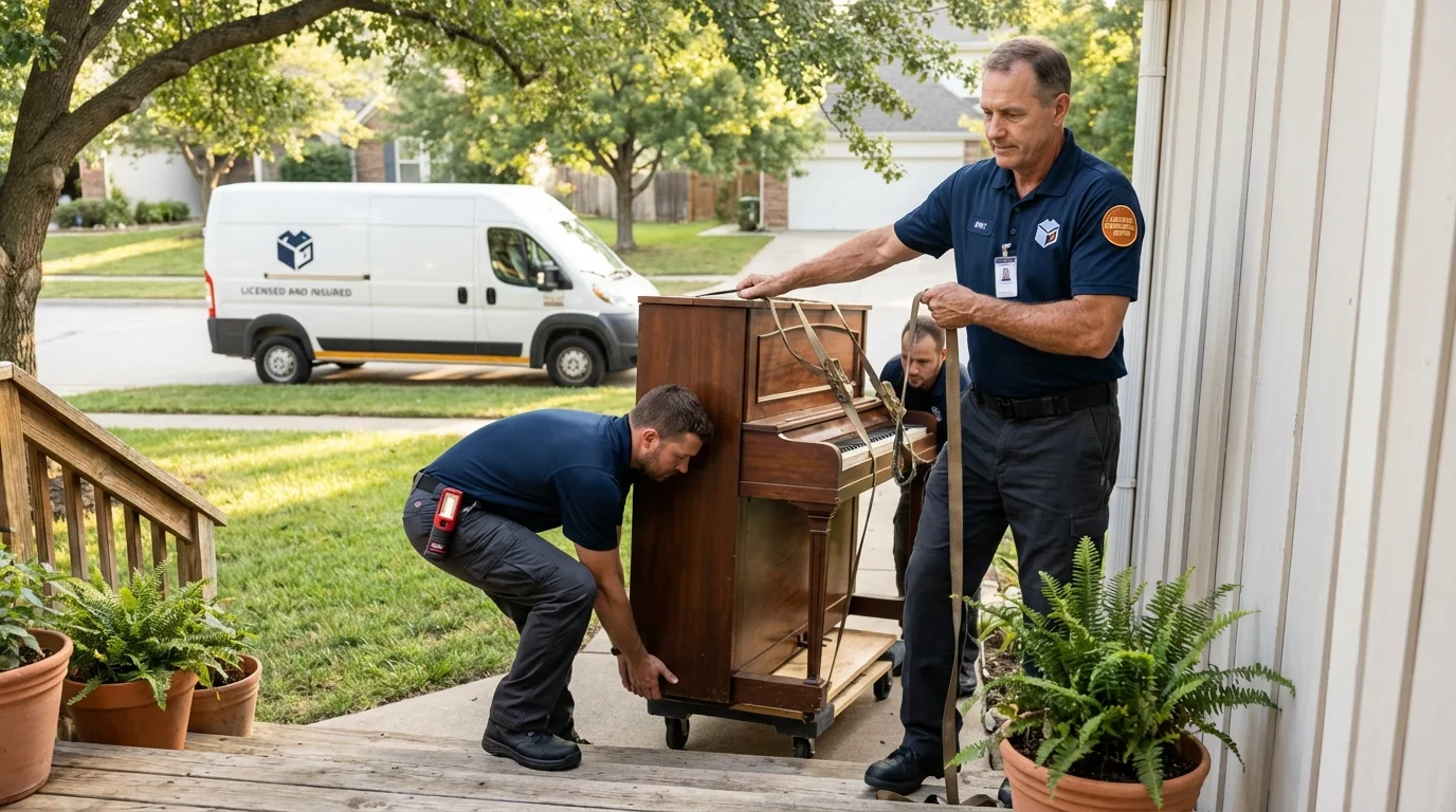 Licensed piano movers securing grand piano in Bull Shoals, AR