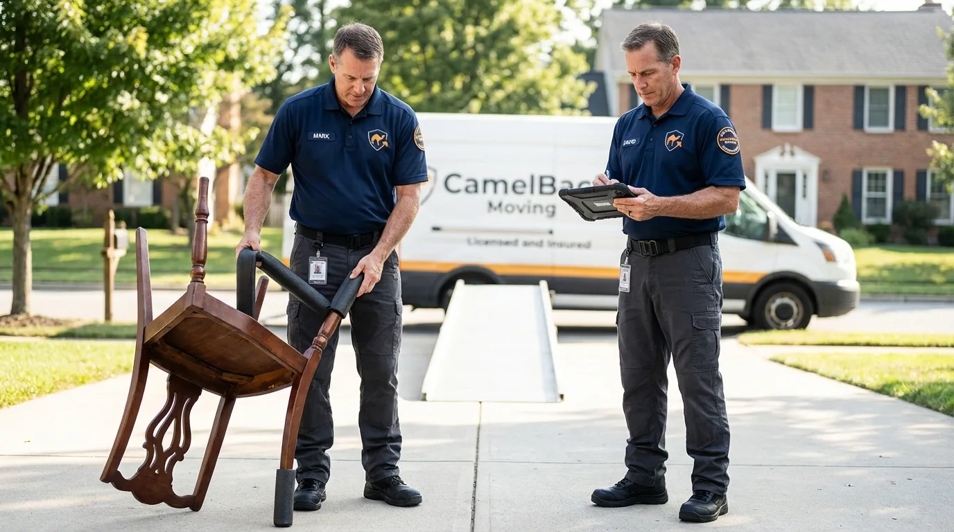 Movers inspecting furniture for damage prevention before loading in Bull Shoals, AR