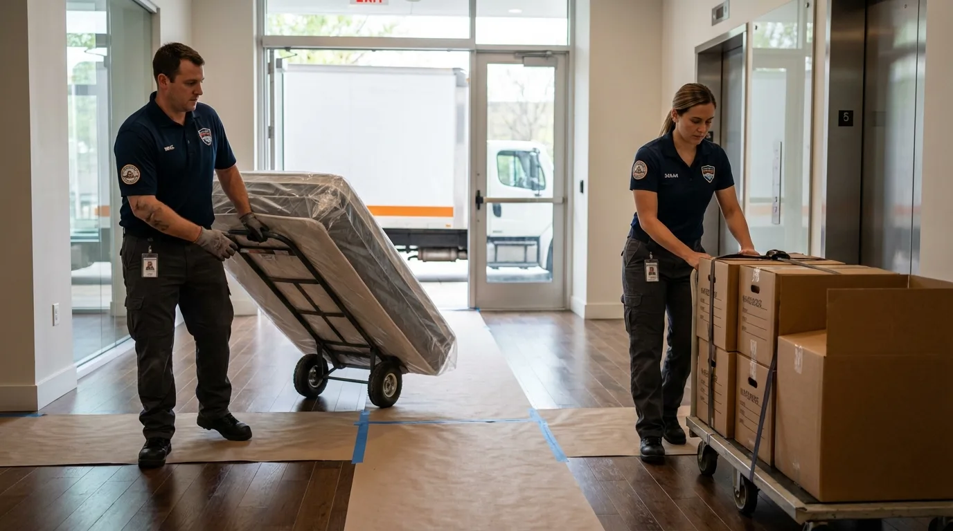 Professional apartment movers loading elevator in Bull Shoals, AR