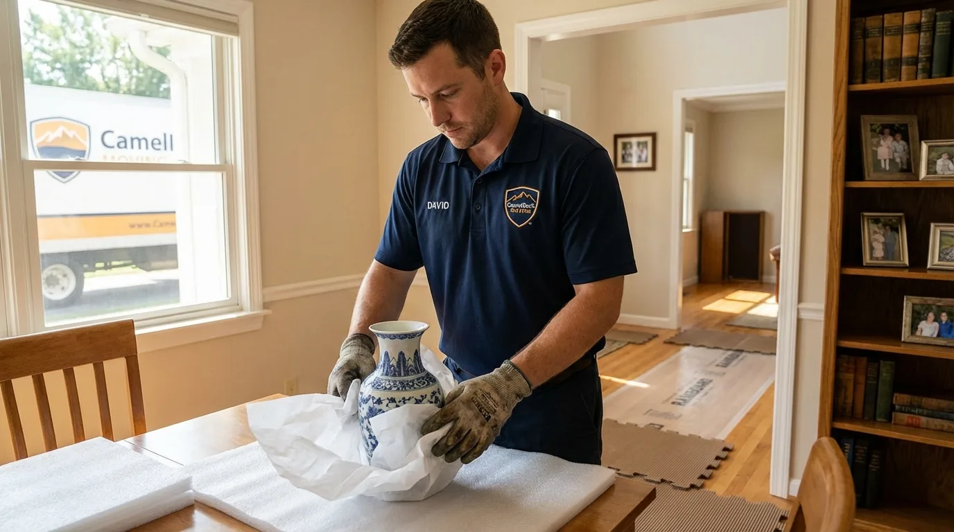 Professional crew carefully wrapping antique vase for senior downsizing move in Bull Shoals, AR